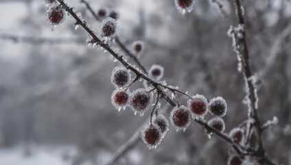 Frozen Berries on a Branch in Winter Frost.