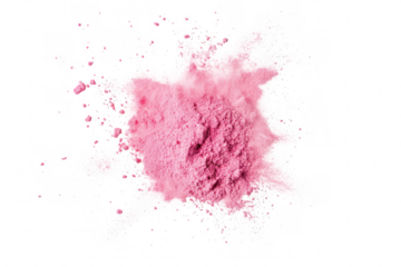 A pile of pink powder scattered on a clean white surface. creating a soft cloud of dust in the air. ideal for artistic. cosmetic. or culinary use