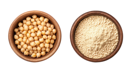 Two wooden bowls filled with chickpeas and sesame seeds isolated on transparent background