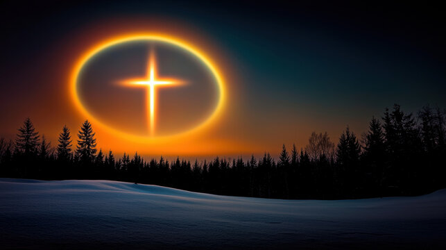 Christmas night sky with glowing cross halo above snowy forest landscape, peaceful and spiritual winter scene
