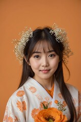 Portrait of Japanese girl plain orange background, cute girl holding a bouquet of flowers