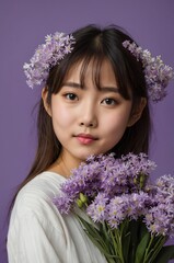 Portrait of Japanese girl plain purple background, cute girl holding a bouquet of flowers