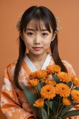 Portrait of Japanese girl plain orange background, cute girl holding a bouquet of flowers