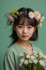 Portrait of Japanese girl plain green background, cute girl holding a bouquet of flowers