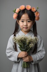 Portrait of Japanese girl plain gray background, cute girl holding a bouquet of flowers