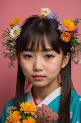Portrait of Japanese girl plain colorful background, cute girl holding a bouquet of flowers