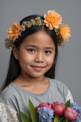 Portrait of Filipino girl plain gray background, cute girl holding a bouquet of flowers
