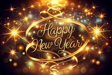 Happy new year greeting design with glowing golden ribbon and starbursts conveys festive cheer and celebratory atmosphere perfect holiday season promotions and seasonal events