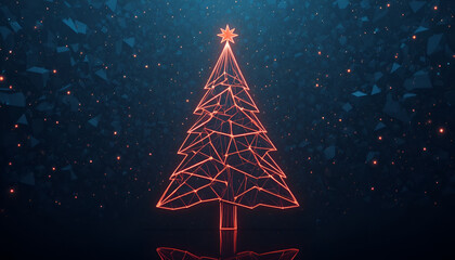 Glowing christmas tree with star on dark blue background with geometric shapes and sparkling lights