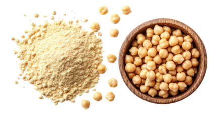Chickpea flour and whole chickpeas in a bowl isolated on transparent background