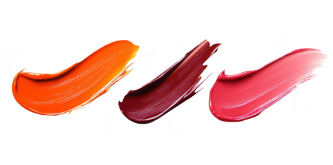 A display of three colorful paint strokes in shades of orange. burgundy. and pink on a clean white background. ideal for artistic projects. design inspiration. or beauty-related content