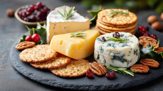 Christmas cheese platter with assorted crackers, nuts, cranberries, and festive garnish creates joyful holiday celebration