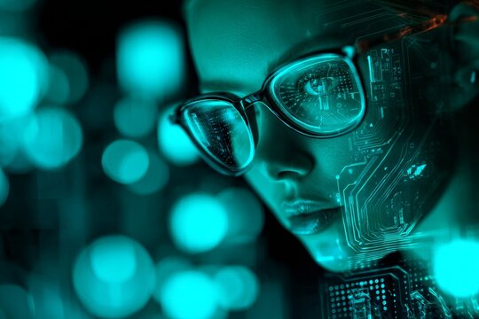 Innovative minds: women leading in digital data exploration. Human technology. Young woman engrossed in digital holographic data analysis. Human robot. Ai evolution. - Powered by Adobe