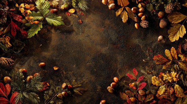Warmth and texture: a rustic fall scene with leaves, nuts, and cones. Blockbuster art. A burst of fall colors with nuts and foliage in a corner display. Scifi poster. Poster illustration. - Powered by Adobe