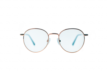 A minimalist close-up of stylish round eyeglasses with a light blue background. the elegant design and clear lenses. perfect for fashion and eyewear advertising