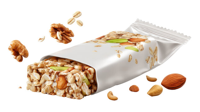 Healthy granola bar with nuts and oats isolated on transparent background
