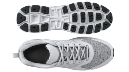 Top and bottom view of a white running shoe isolated on transparent background