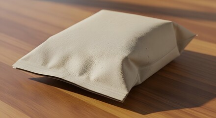 Naklejka premium Blank beige textured flexible packaging pouch mockup on a natural wooden surface, ideal for displaying food, snack, or small product branding designs and concepts