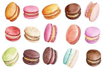A assortment of colorful macarons displayed in an artistic arrangement. various flavors and textures against a clean white background. perfect for culinary blogs or dessert menus