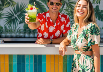 Happy couple enjoying tropical drinks at a vibrant outdoor bar.