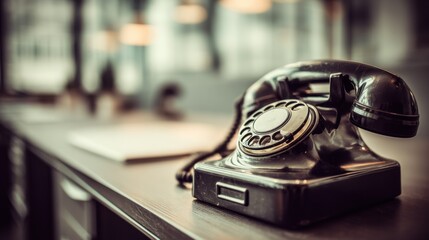 Vintage Black Rotary Phone on Wooden Desk