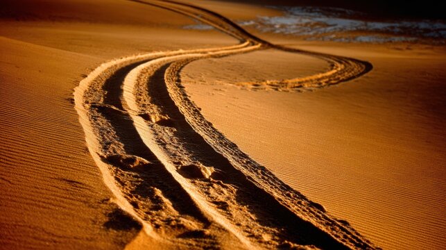 Tire Tracks on Golden Sand Dunes Under Sunset Light - Powered by Adobe