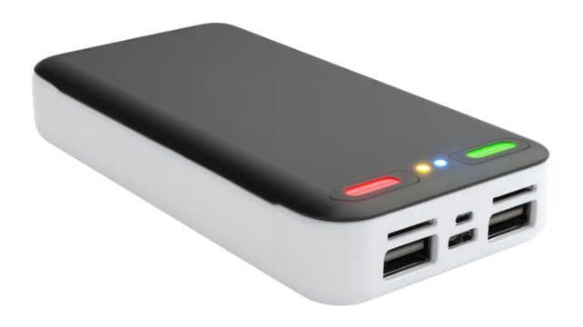 Portable power bank with usb ports and indicator lights isolated on transparent background