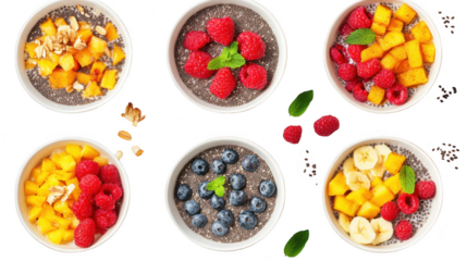 A display of six bowls filled with chia seed pudding topped with fresh fruits like mango. banana. raspberries. and blueberries. set against a clean white background. perfect for healthy eating promoti