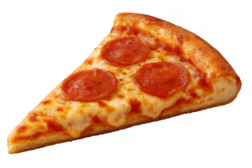 Pepperoni pizza slice displaying melted cheese, spicy salami, and a golden crust on transparent background