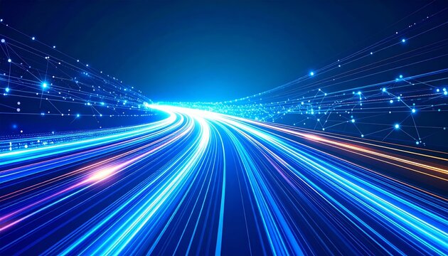 Abstract blue light trails with network connections and glowing nodes