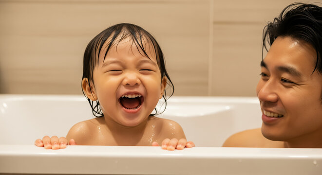 Joyful toddler girl laughing in bathtub with father during bath time.
