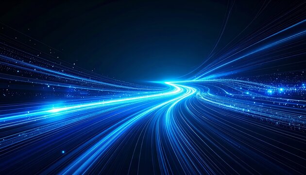 Electric blue light streaks converge in a futuristic, abstract design against a dark backdrop.