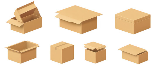 Fototapeta premium A collection of various cardboard boxes in different shapes and sizes. including open and closed positions. packaging options for shipping and storage in a minimalist design