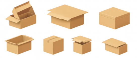 A collection of various cardboard boxes in different shapes and sizes. including open and closed positions. packaging options for shipping and storage in a minimalist design