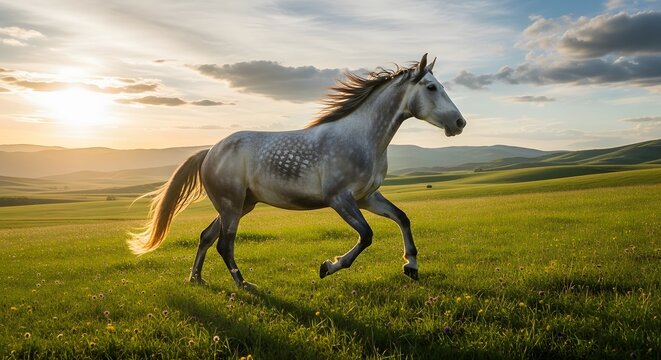 Dapple gray horse galloping through meadow at sunset with flowing mane golden light and wildflowers capturing freedom and natural beauty - Powered by Adobe