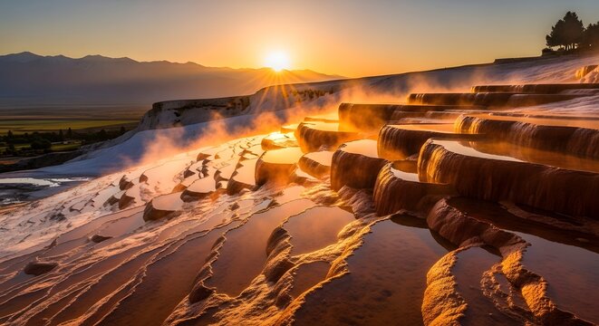 Sunset over the Travertine Terraces: Captured at golden hour, the scene showcases the natural beauty of cascading travertine terraces, filled with steaming water.