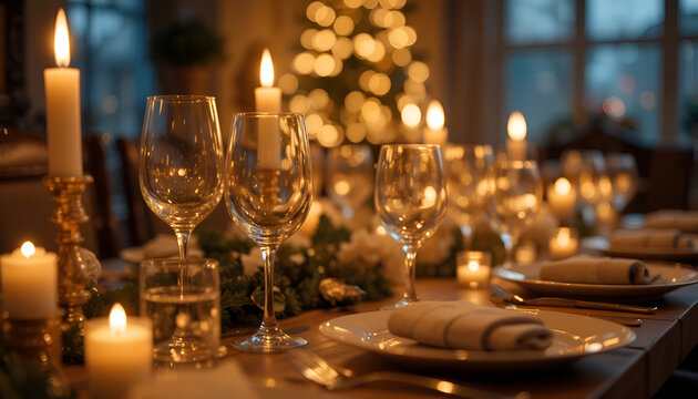 Elegant christmas dinner table setting with candles and wine glasses creating a warm festive atmosphere