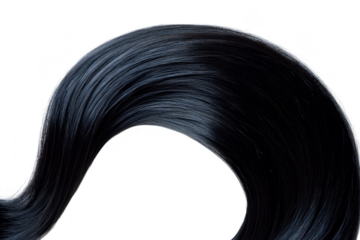 A close-up view of a smooth. flowing strand of long. black hair elegantly styled against a clean white background. highlighting the texture and sheen. ideal for beauty or haircare themes