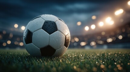 Fototapeta premium Close-Up of a Wet Soccer Ball on Grass Field