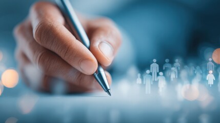 Hand Writing with Pen Over Abstract Background of People