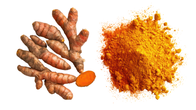 Fresh turmeric roots and powder isolated on transparent background