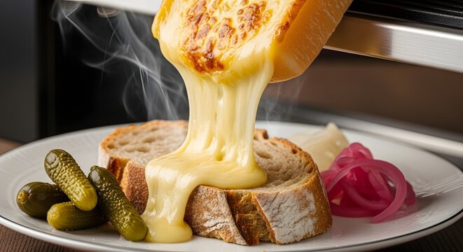 Raclette Delight: Melted cheese cascading from a raclette grill onto fresh, crusty bread, served with pickled vegetables and cornichons, an inviting display of a delightful treat.