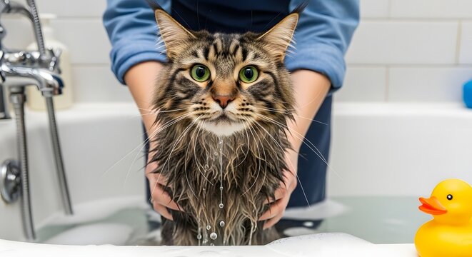 Wet longhaired tabby cat with wide eyes being bathed in tub with rubber duck and soap suds showing funny and relatable pet care moment - Powered by Adobe