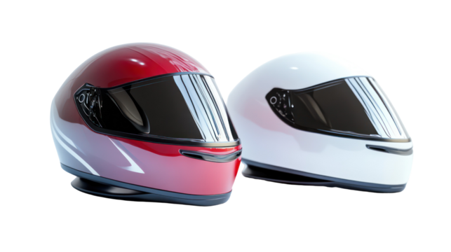 Two racing helmets one red and one white isolated on transparent background