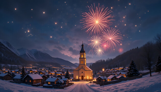 Festive fireworks illuminate a snowy village church on a winter night creating a magical scene