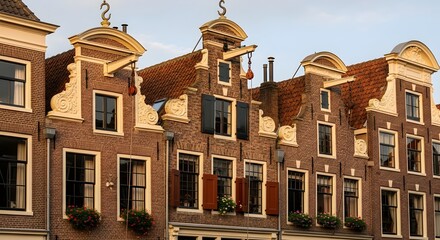Historical facades: A row of historic houses with unique stepped gables. They are representative of a particular architectural style. The image evokes a sense of history.