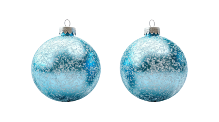Two oval shaped blue glitter christmas ornaments isolated on transparent background