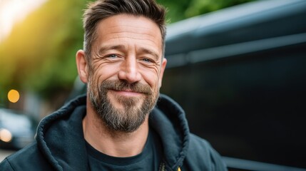 Smiling Senior Man with Beard in Outdoor Urban Setting