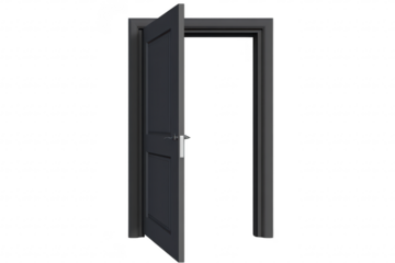A modern. open door revealing a sleek. minimalist design. set against a clean white background. symbolizing opportunities and transitions in a contemporary space