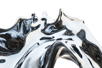 A mesmerizing abstract sculpture of flowing metallic liquid. smooth curves and reflective surfaces. set against a clean white background. ideal for modern art and design inspiration